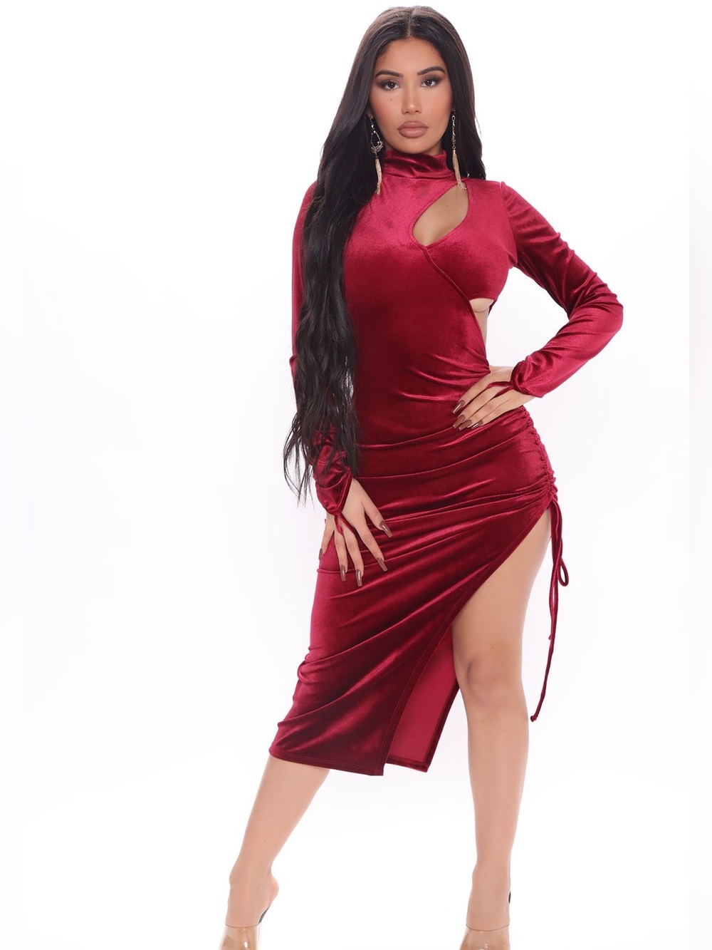 Fashion Nova Burgundy Velvet Cutout Long Sleeve Midi Dress